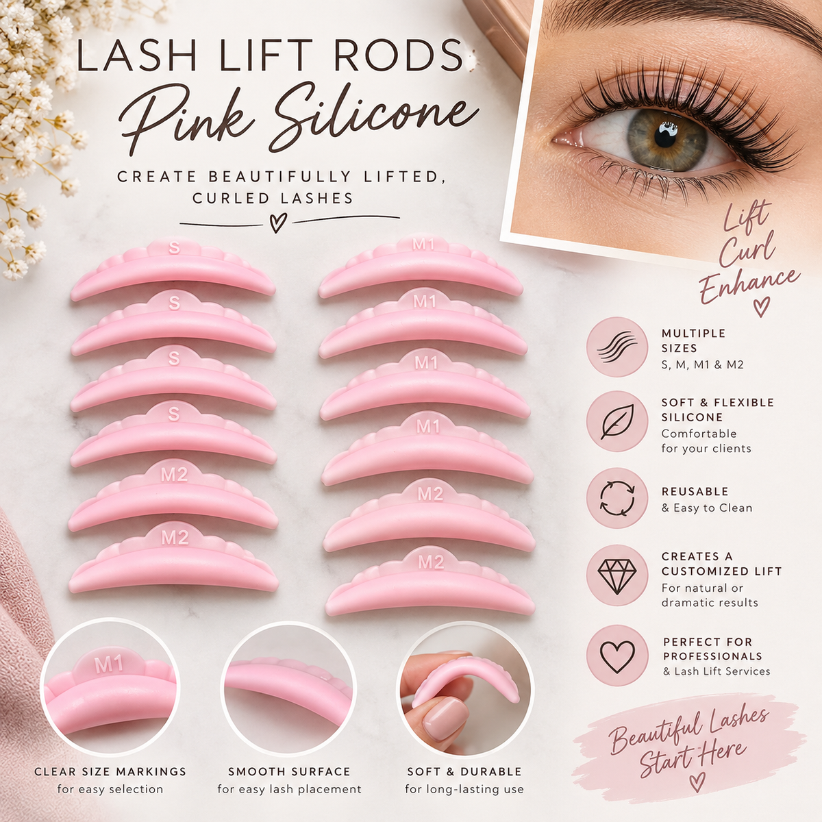 5 Pack Silicone Eyelash Rods