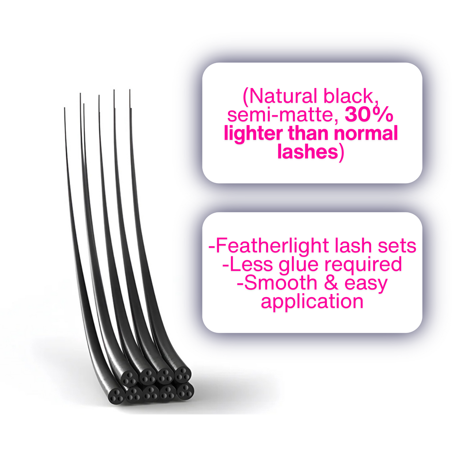 Natural black semi-matte 30% lighter than normal lashes. Featherlight lash sets , Less glue required, Smooth & easy application