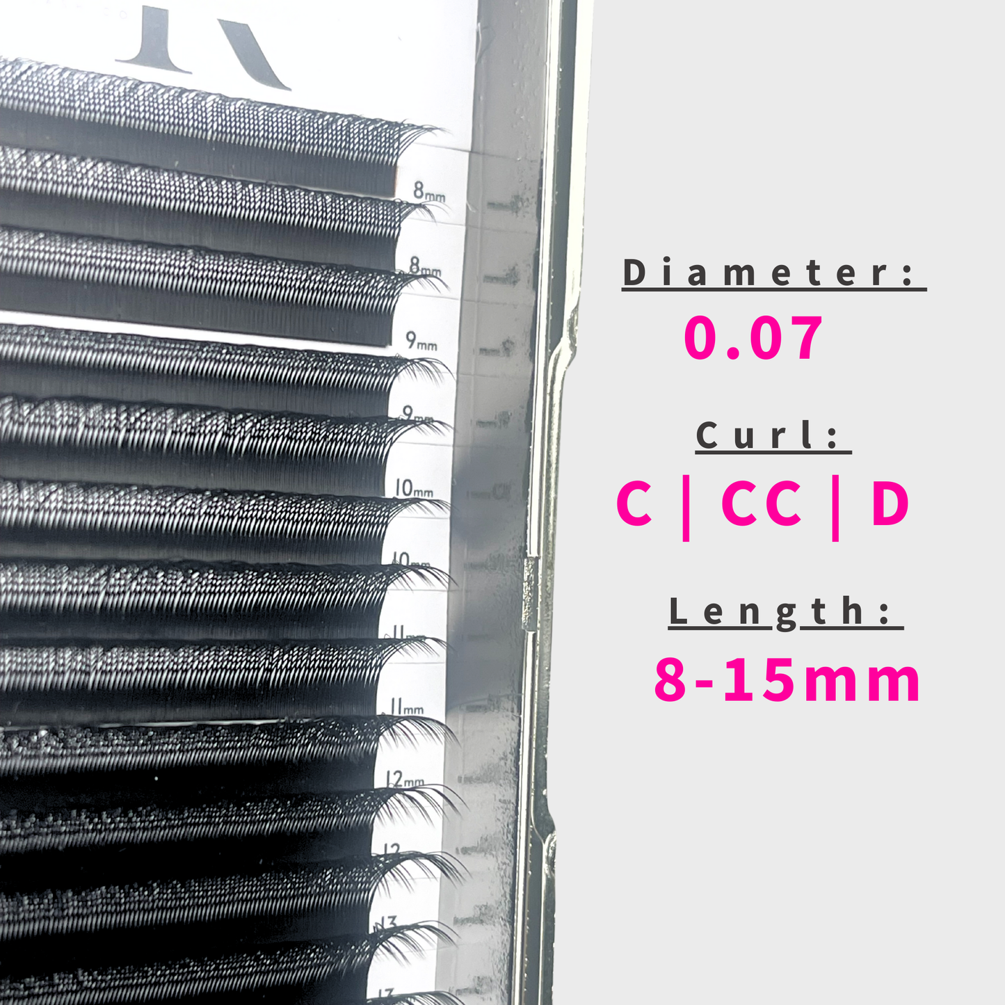 part of a YY lasjh tray in a silver metallic case black YY lash extensions diameter 0.07 curl available C CC D Length 8-15mm