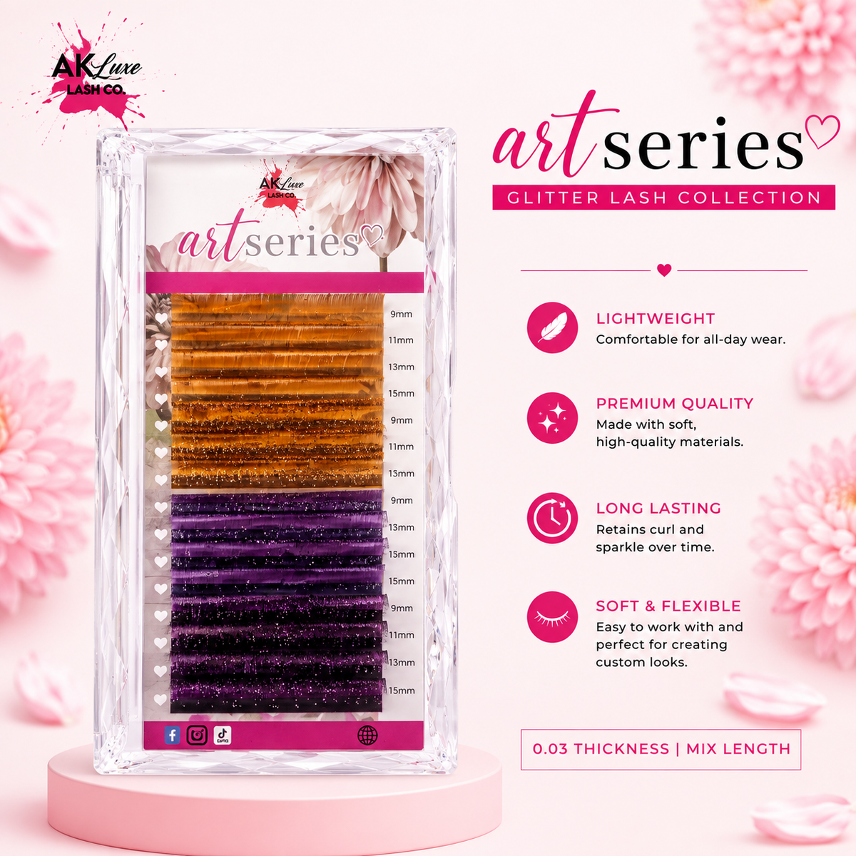 Art Series Color Lash Extensions – 0.03 CC Curl | Gold & Purple Collection (16 Rows)