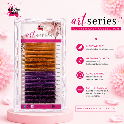 Art Series Color Lash Extensions – 0.03 CC Curl | Gold & Purple Collection (16 Rows)