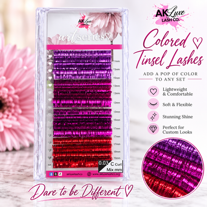 Holographic Tinsel Lash Extensions Tray | 16 Rows | CC Curl |  Purple Blue Silver Gold Black Pink Red