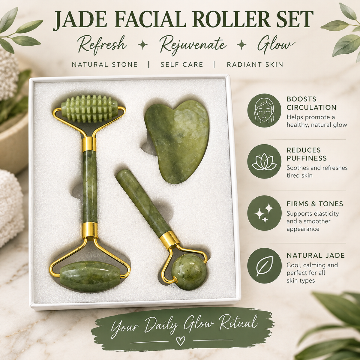 Jade Roller Gua Sha Set Facial Massage Tool Natural Stone Anti Aging