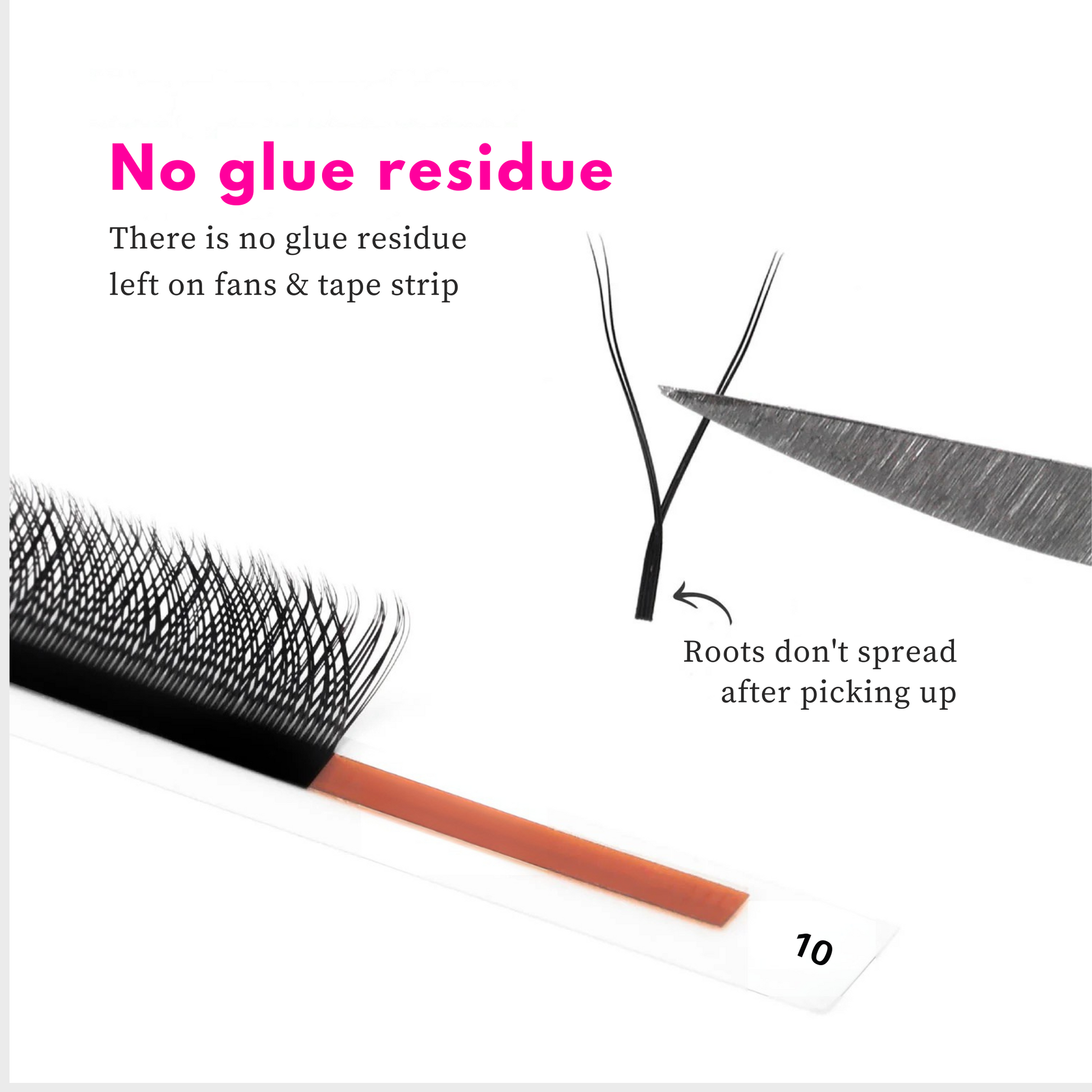 Partial strip of YY lash extensions and one single YY Lash Extension closeup showing flat wide base no glue residue left on strip
