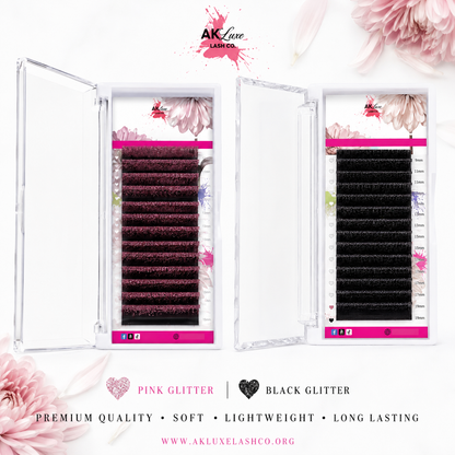 Glitter Lash Extensions Tray | 16 Rows | CC Curl | 0.15 Diameter | Black or Pink Glitter Lashes