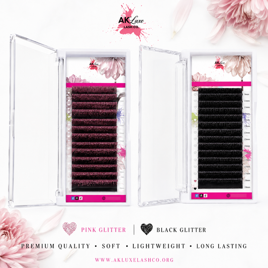 Glitter Lash Extensions Tray | 16 Rows | CC Curl | 0.15 Diameter | Black or Pink Glitter Lashes