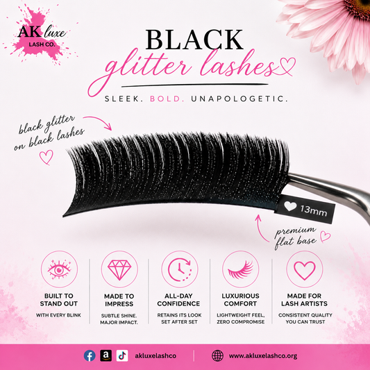 Glitter Lash Extensions Tray | 16 Rows | CC Curl | 0.15 Diameter | Black or Pink Glitter Lashes