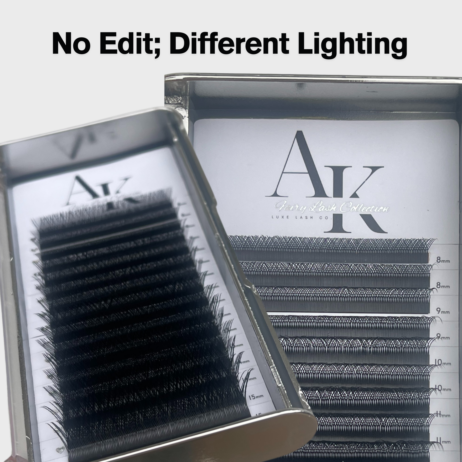 two silver cased lash trays showing different lighting of lash extensions with AK logo Fairy Lash Collection Black YY lash extensions 0.07 8-15mm