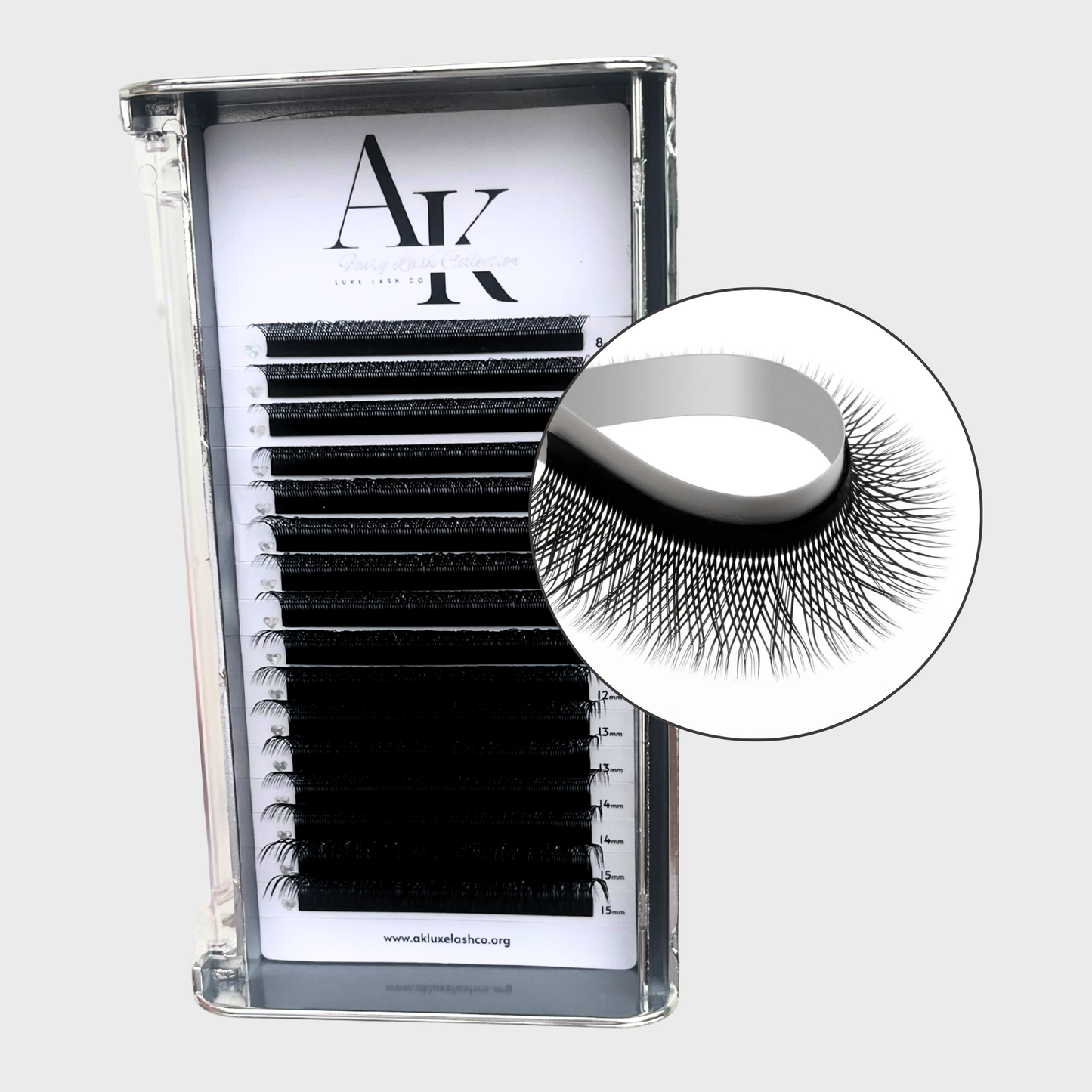YY Lash Tray with close up of lash pattern back and white silver lash tray