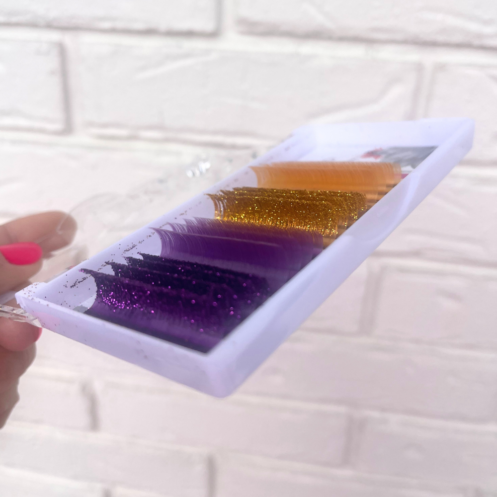 Art Series Color Lash Extensions – 0.03 CC Curl | Gold & Purple Collection (16 Rows)