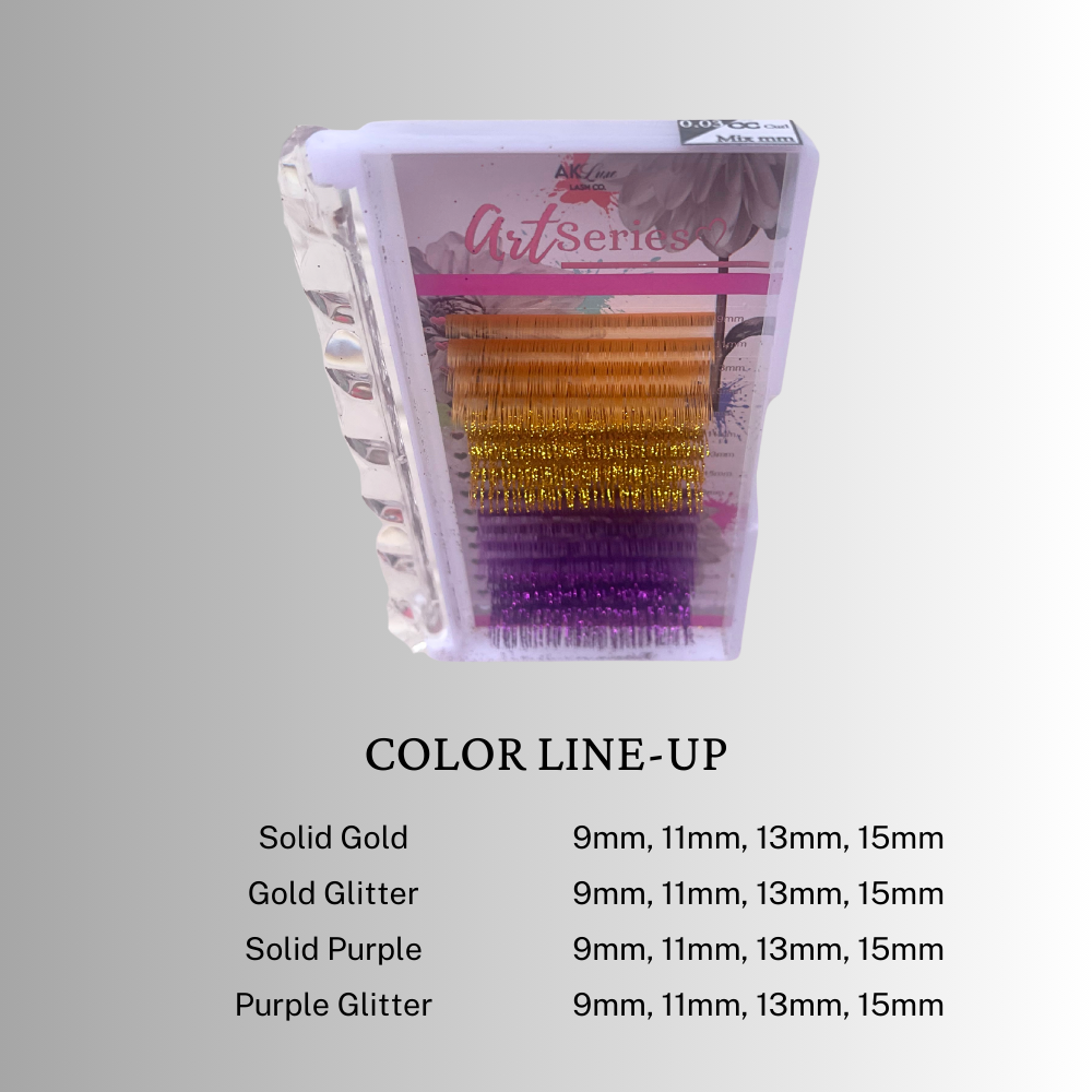 Art Series Color Lash Extensions – 0.03 CC Curl | Gold & Purple Collection (16 Rows)