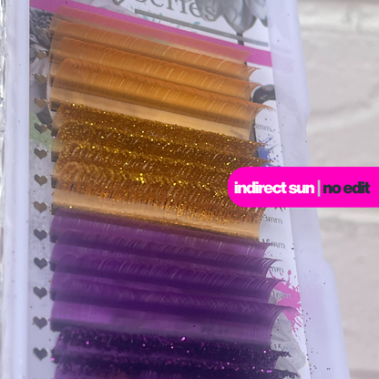 Art Series Color Lash Extensions – 0.03 CC Curl | Gold & Purple Collection (16 Rows)