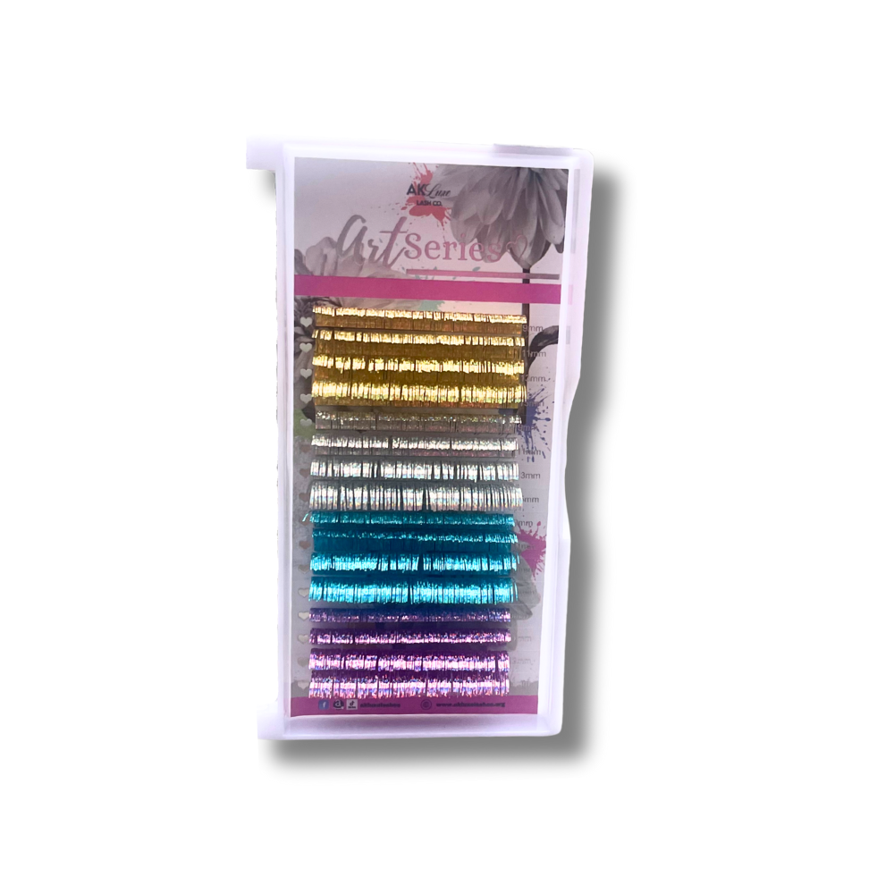 Holographic Tinsel Lash Extensions Tray | 16 Rows | CC Curl | 0.03 Diameter | Creative Artist - Purple Blue Silver Gold