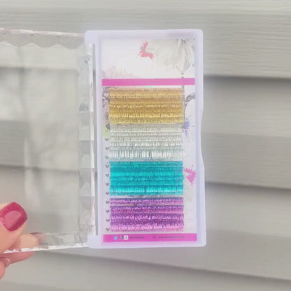 Holographic Tinsel Lash Extensions Tray | 16 Rows | CC Curl | 0.03 Diameter | Creative Artist - Purple Blue Silver Gold