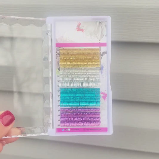 Holographic Tinsel Lash Extensions Tray | 16 Rows | CC Curl | 0.03 Diameter | Creative Artist - Purple Blue Silver Gold