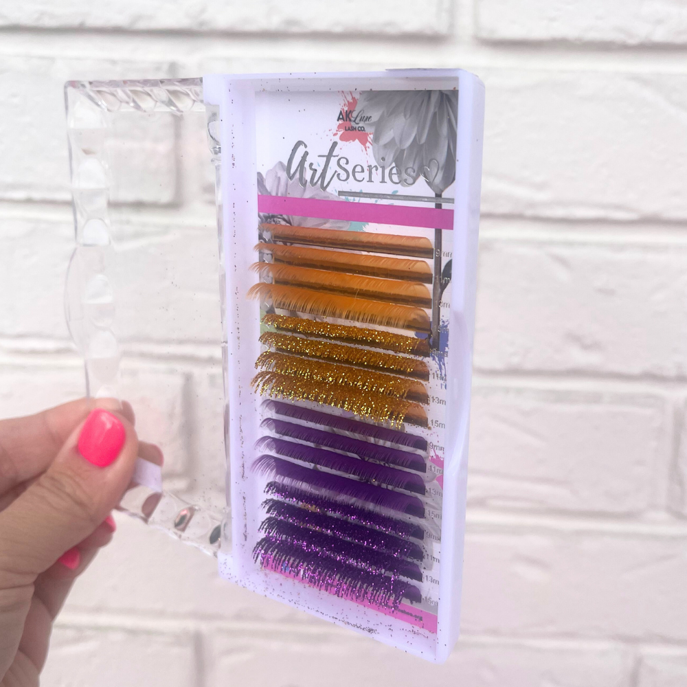Art Series Color Lash Extensions – 0.03 CC Curl | Gold & Purple Collection (16 Rows)