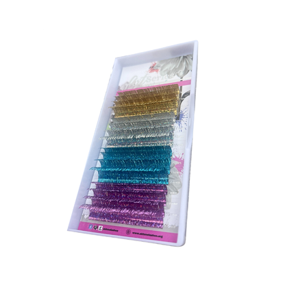 Holographic Tinsel Lash Extensions Tray | 16 Rows | CC Curl | 0.03 Diameter | Creative Artist - Purple Blue Silver Gold