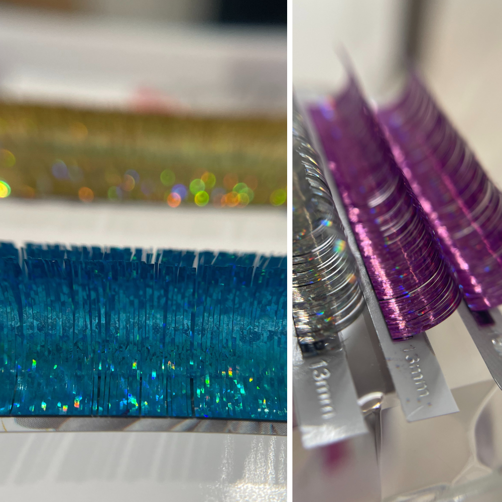 Holographic Tinsel Lash Extensions Tray | 16 Rows | CC Curl | 0.03 Diameter | Creative Artist - Purple Blue Silver Gold