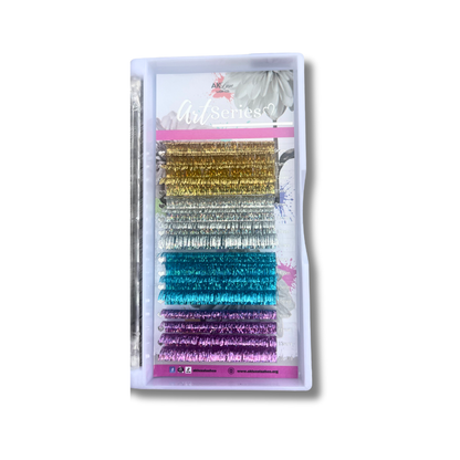 Holographic Tinsel Lash Extensions Tray | 16 Rows | CC Curl | 0.03 Diameter | Creative Artist - Purple Blue Silver Gold